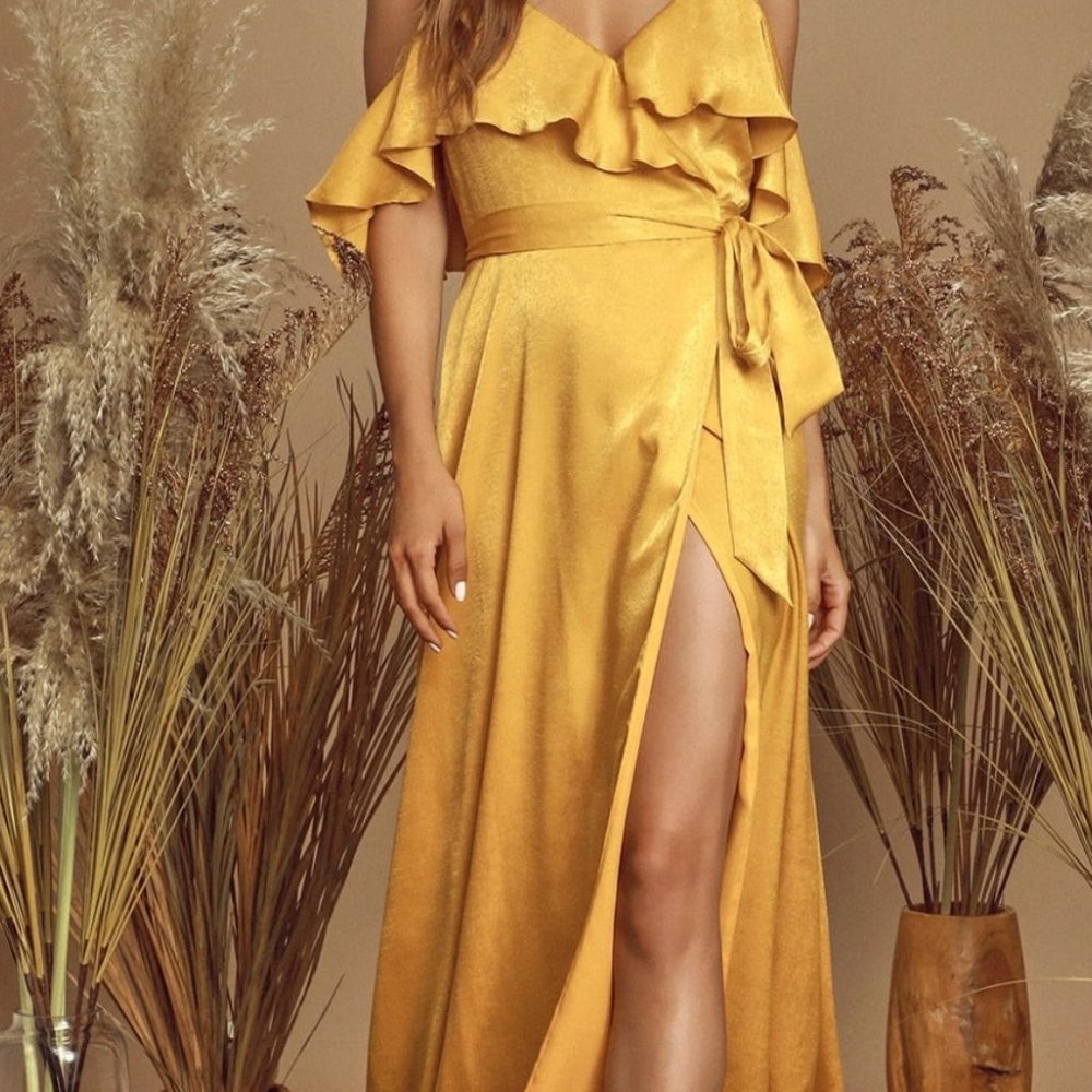 Lulu's Mustard Yellow Satin Wrap Maxi Dress